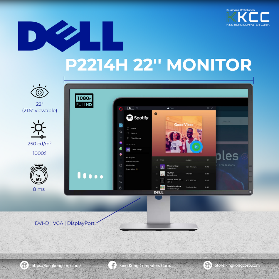 DELL P2214H MONITOR | 22" (21.5" viewable) | 1920 x 1080 Full HD (1080p) @ 60 Hz | IPS - 250 cd/m² | 1000:1 | 8 ms | DVI-D | VGA | DisplayPort (USED)
