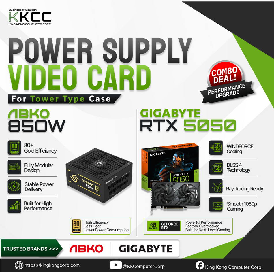 ABKO 850W 80+ GOLD PSU MODULAR TYPE (USED) + GIGABYTE RTX5050 8G WINDFORCE OC DUAL-FAN [NINEVO] (BRAND NEW)
