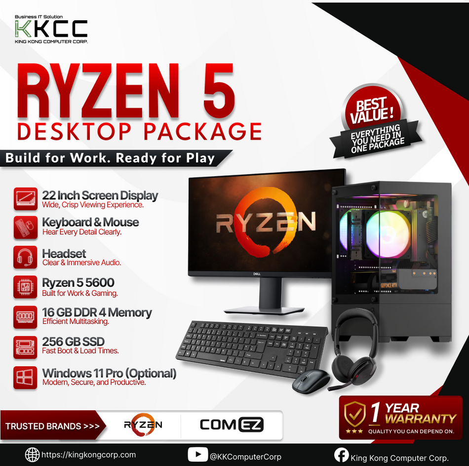 RYZEN 5 5600 (BRAND NEW) | R D4 16GB | R 256GB SSD | 22" MONITOR (BRAND NEW) | KEYBAORD, MOUSE, HEADSET | 1 YEAR WARRANTY