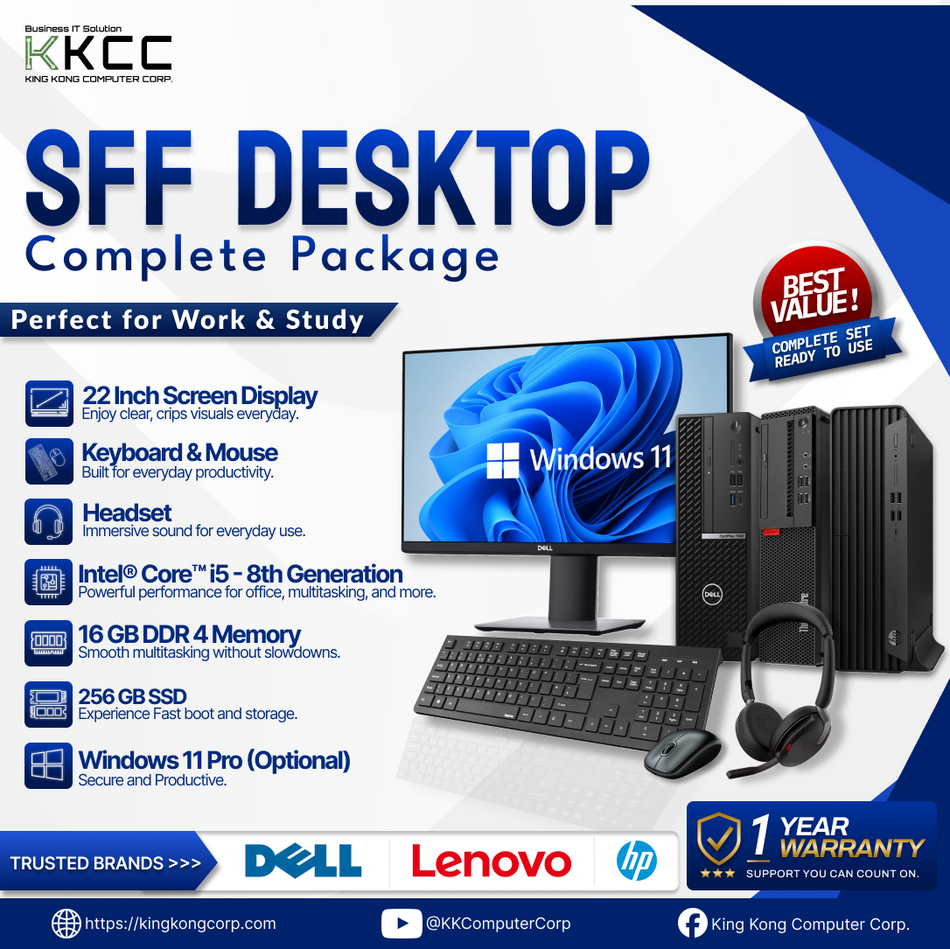 REFURBISHED SFF DESKTOP | DELL, LENOVO OR HP DESKTOP | i5-15th GENERATION | 16GB DDR 4 RAM | 256GB SSD | 22" MONITOR | KEYBOARD | MOUSE | HEADSET | WINDOWS 11 PRO